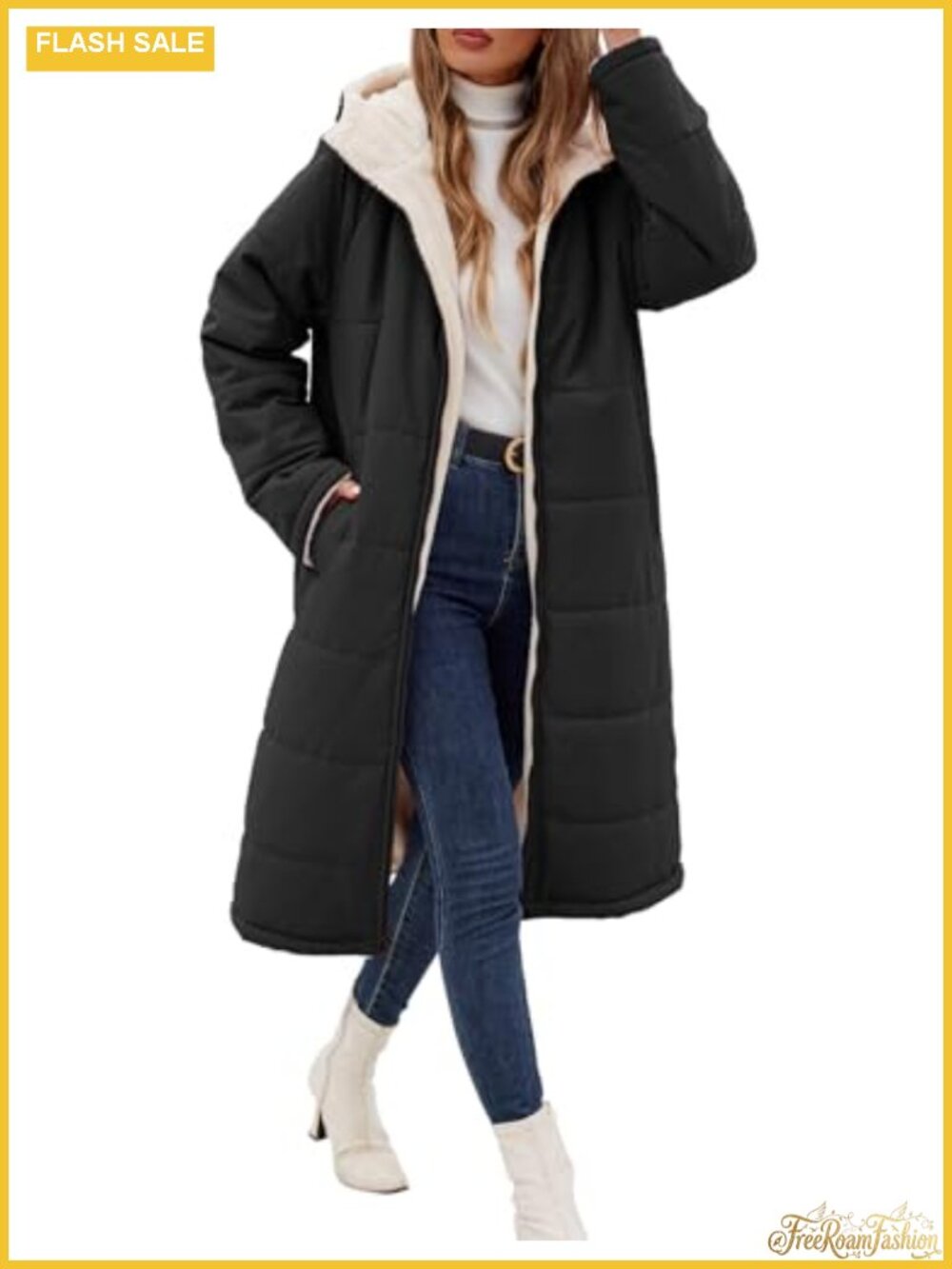 Reversible Long Puffer Coat Sherpa Fleece Lined Hooded Winter Jacket